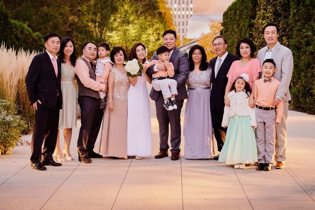 Wedding family portrait at Millennium Park in Chicago, IL