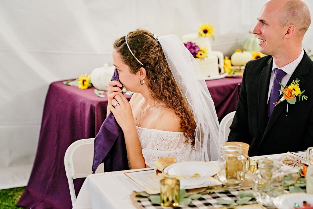 Bride gets tearful during bridesmaid's speech