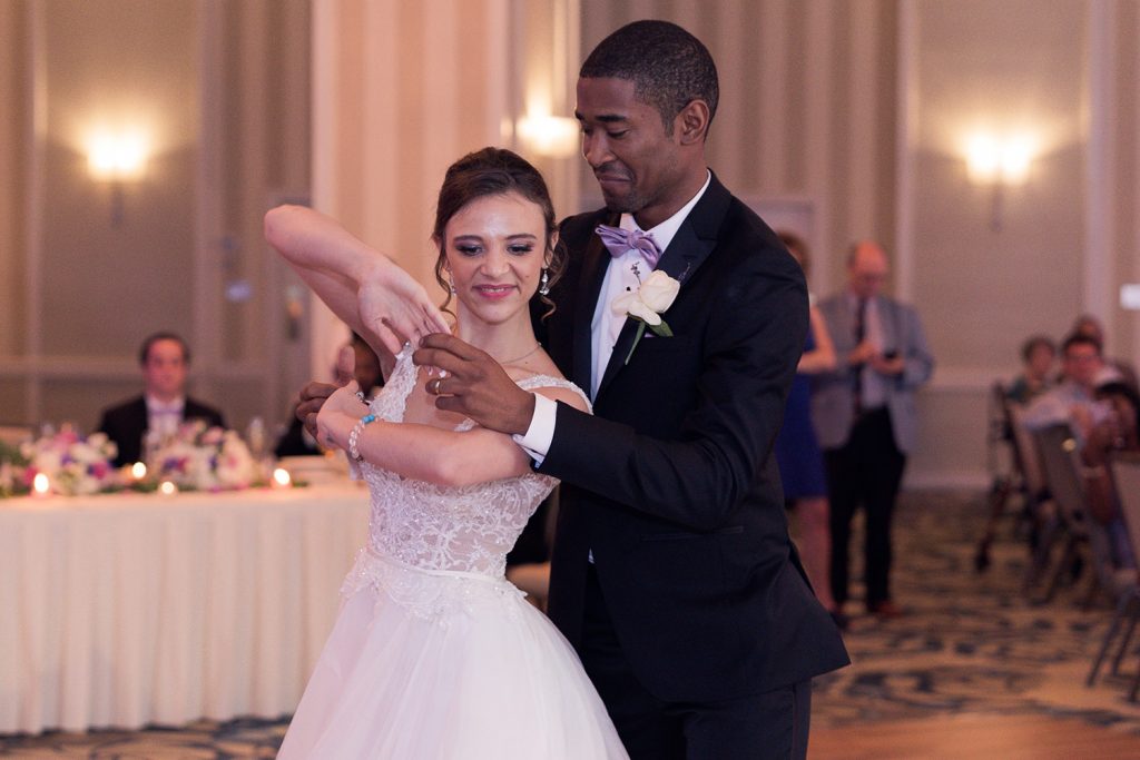 Bride and groom first dance in the Grand Ballroom of the Hilton Orrington in Evanston