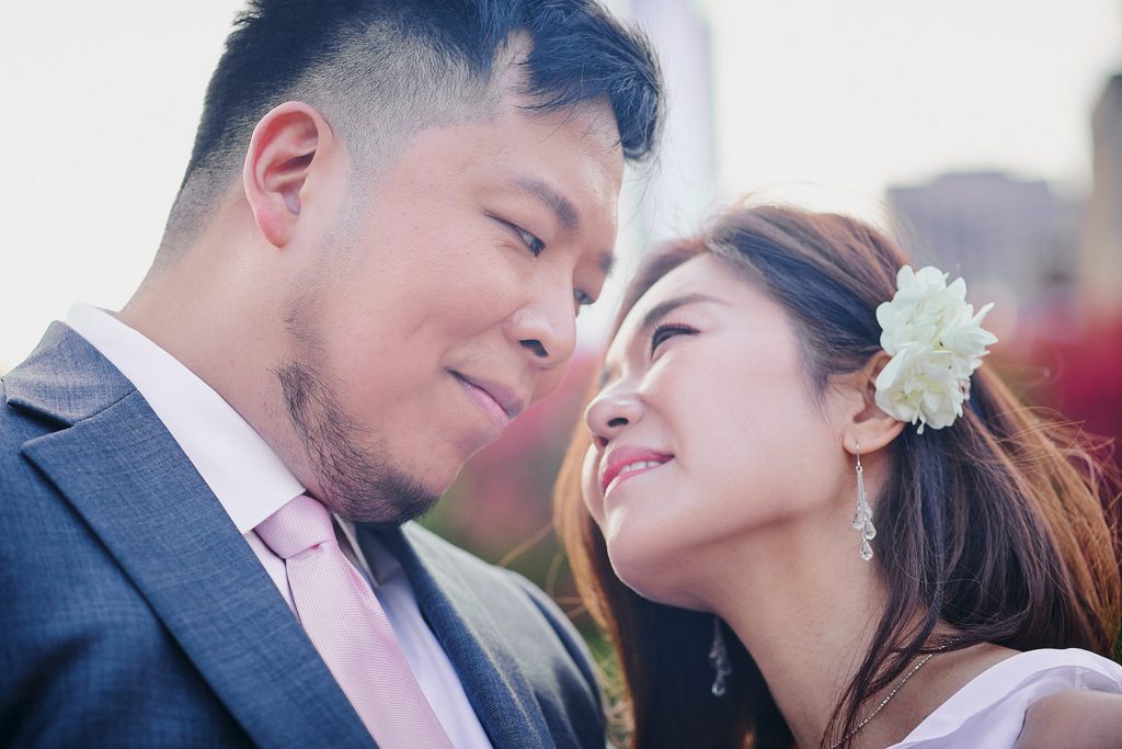 Bride and groom intimate portrait at Lurie Garden in MIllennium Park