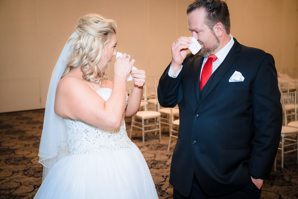 Bride and groom first look at Georgios Banquets in Orland Park, IL