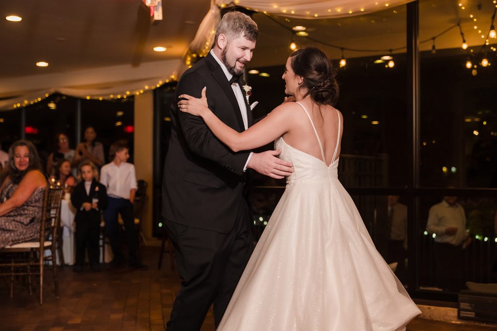 Bride and groom during their first dance at Riverside Receptions in Geneva, IL