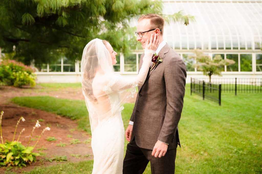 Bride and groom First Look at Wilder Mansion in Elmhurst, IL