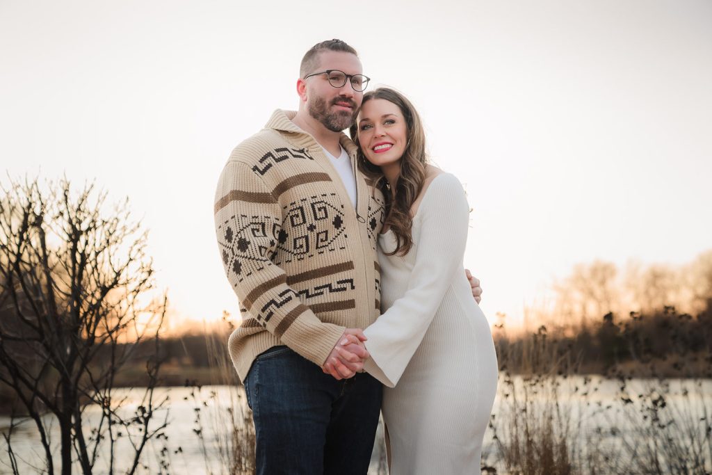 Engaged couple during their engagement session at Lake Katherine in Palos Heights, IL