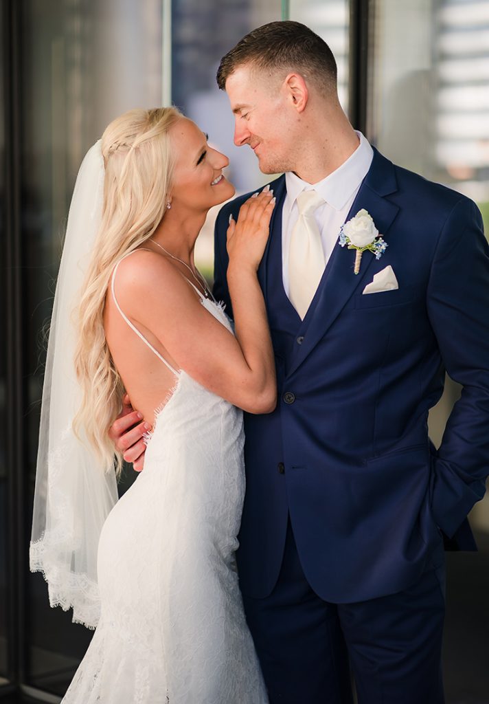 Bride and groom portrait at Trump Tower in Chicago, IL