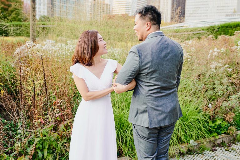 Bride and groom portrait at Lurie Garden in Millennium Park