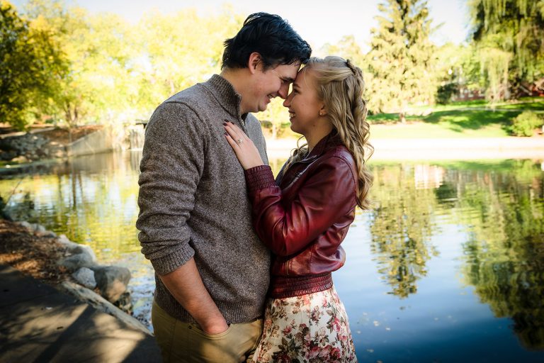 Engaged couple during their engagement session at Lords Park in Elgin, IL