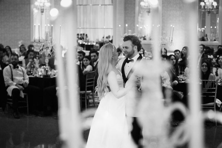 Bride and groom first dance during their reception at Meridian Banquets in Rolling Meadows, IL