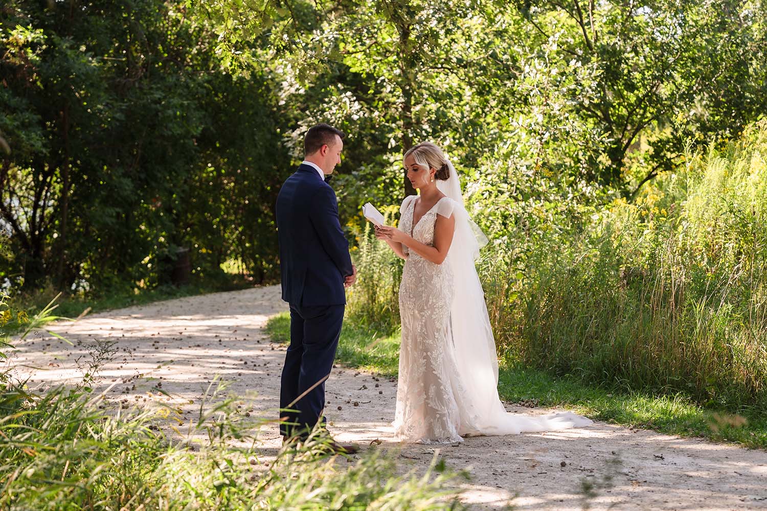 Bride and groom private first look at Mayslake Forest Preserve in Oak Brook, IL