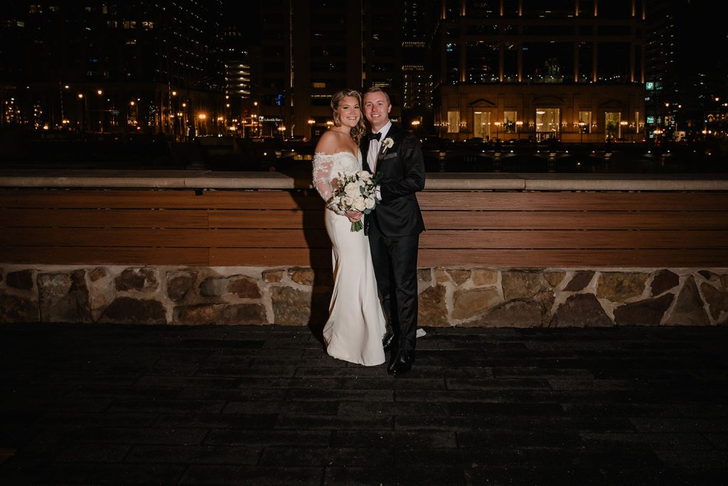Bride and groom evening portrait at the Westin Chicago River North on New Year's Eve in Chicago, IL