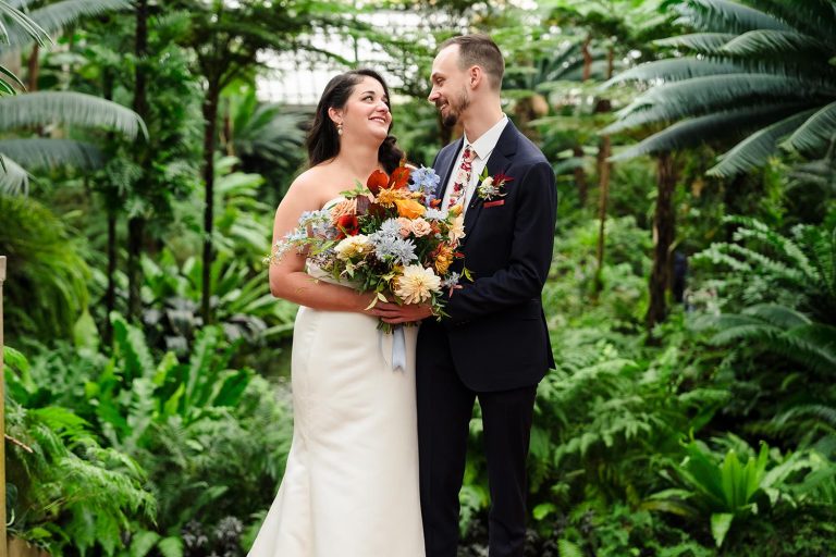 Bride and groom portrait at Garfield Park Conservatory in Chicago, IL