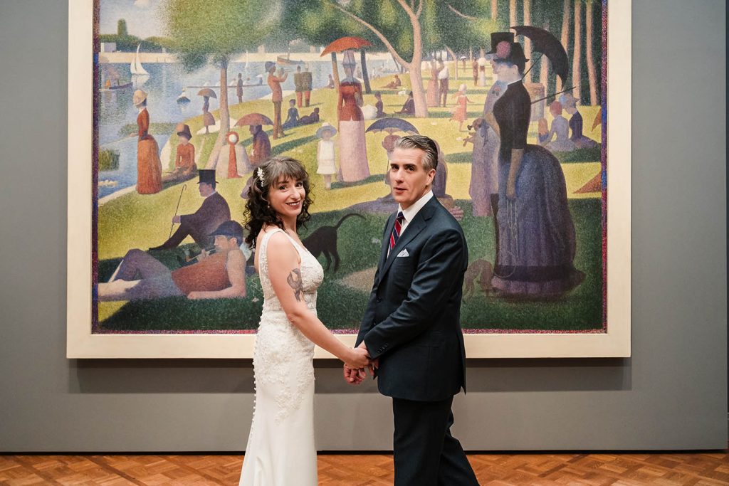 Bride and groom portrait at the Sunday on La Grande Jatte in the Art Institute of Chicago