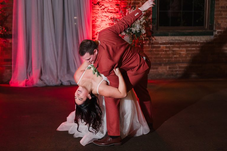 Bride and groom first dance at Blumen Gardens in Sycamore, IL