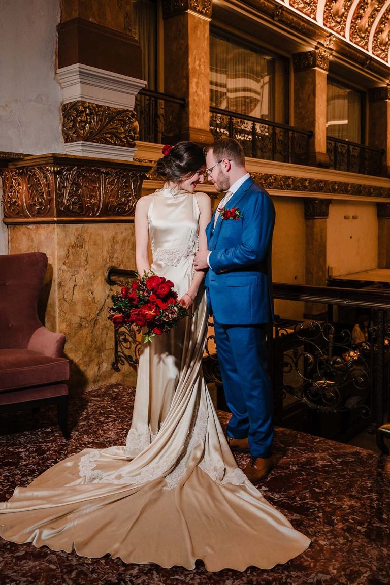 Bride and groom portrait at the Pfister Hotel in Milwaukee, WI