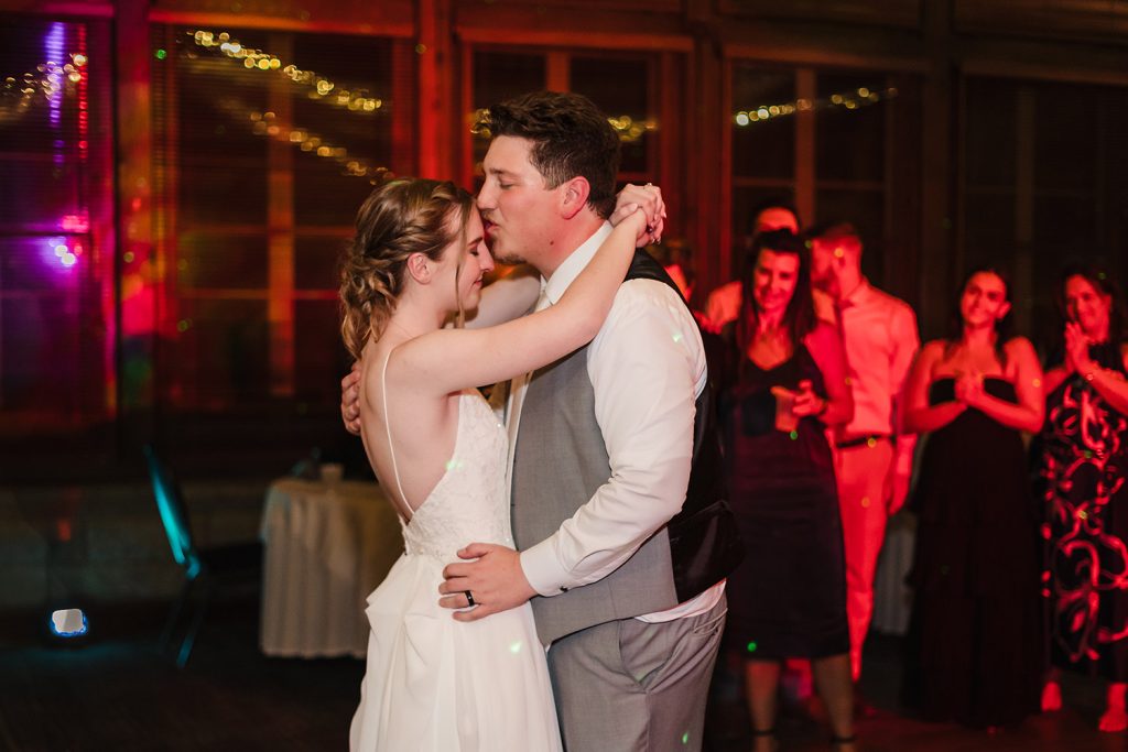 Bride and groom slow dancing during reception at Starved Rock Lodge in Oglesby, IL