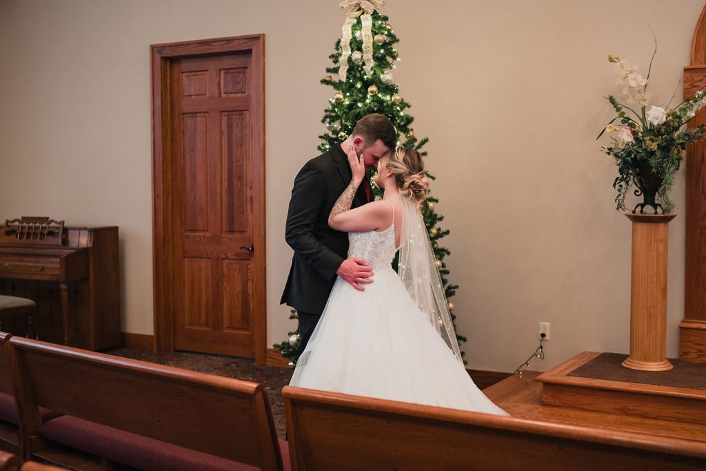 Bride and groom moments after their First Look at Aberdeen Manor Ballroom in Valparaiso, IN